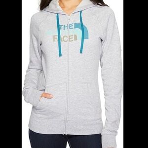 The North Face Half Dome Gray Zip Up Fleece Blue Spell Out Hooded Jacket Size M